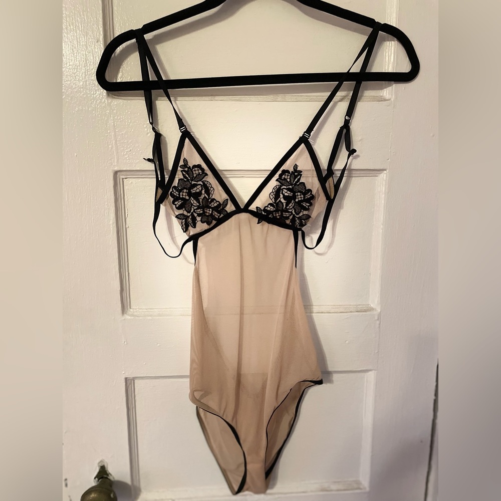 Sheer Pink And Black Floral Lace Body Suit
